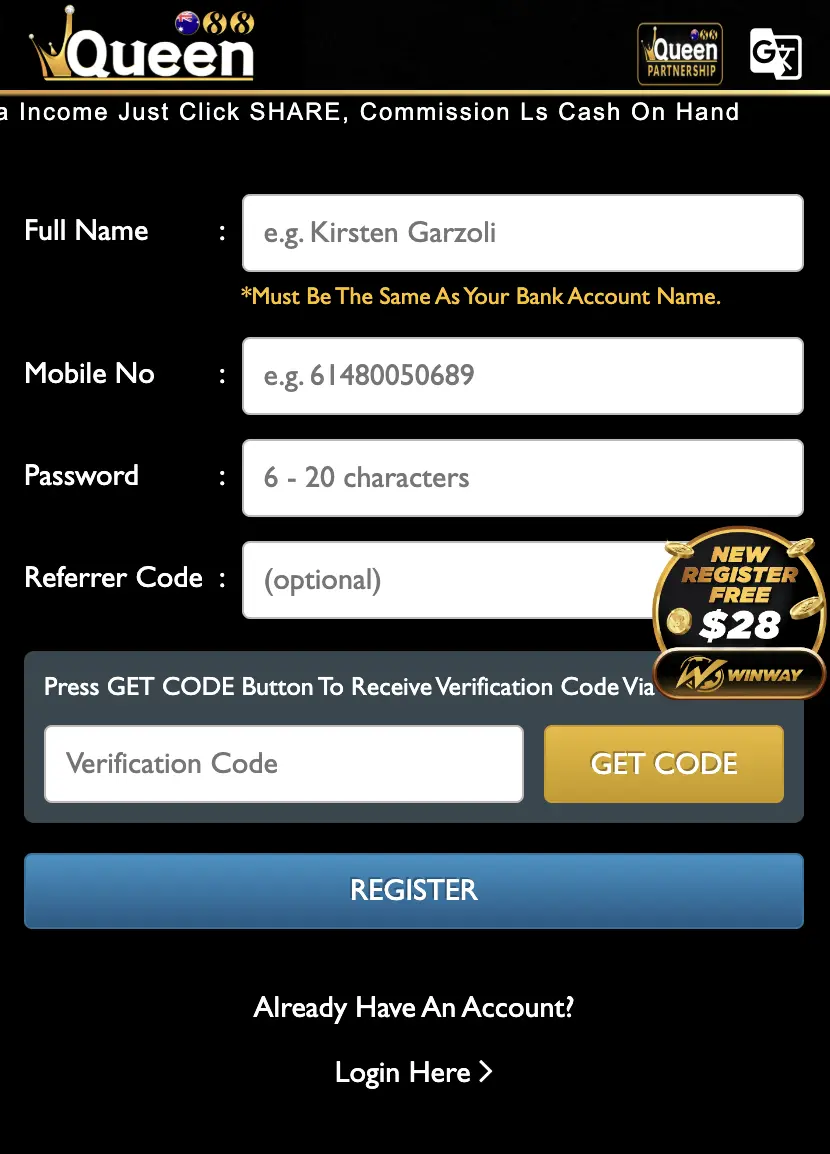 Queen88 Casino registration